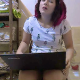 A pretty, plump, Eastern-European girl sits down on a toilet with her huge laptop and familiar cat shirt while pissing and taking a shit. Plops can be heard. She wipes when finished. Over 7 minutes.